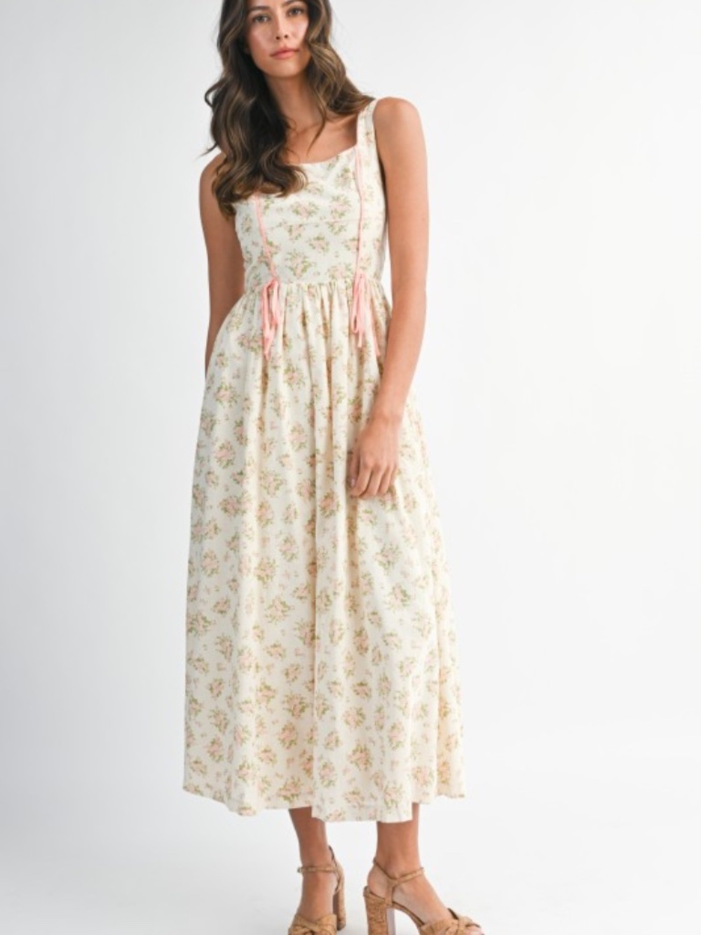 Floral Print Square Neck Contrast Pipinig Dress